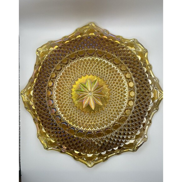 Vintage Carnival Glass Platter Plate 10" IRIDESCENT Marigold Amber Ruffled Edge - Picture 3 of 5